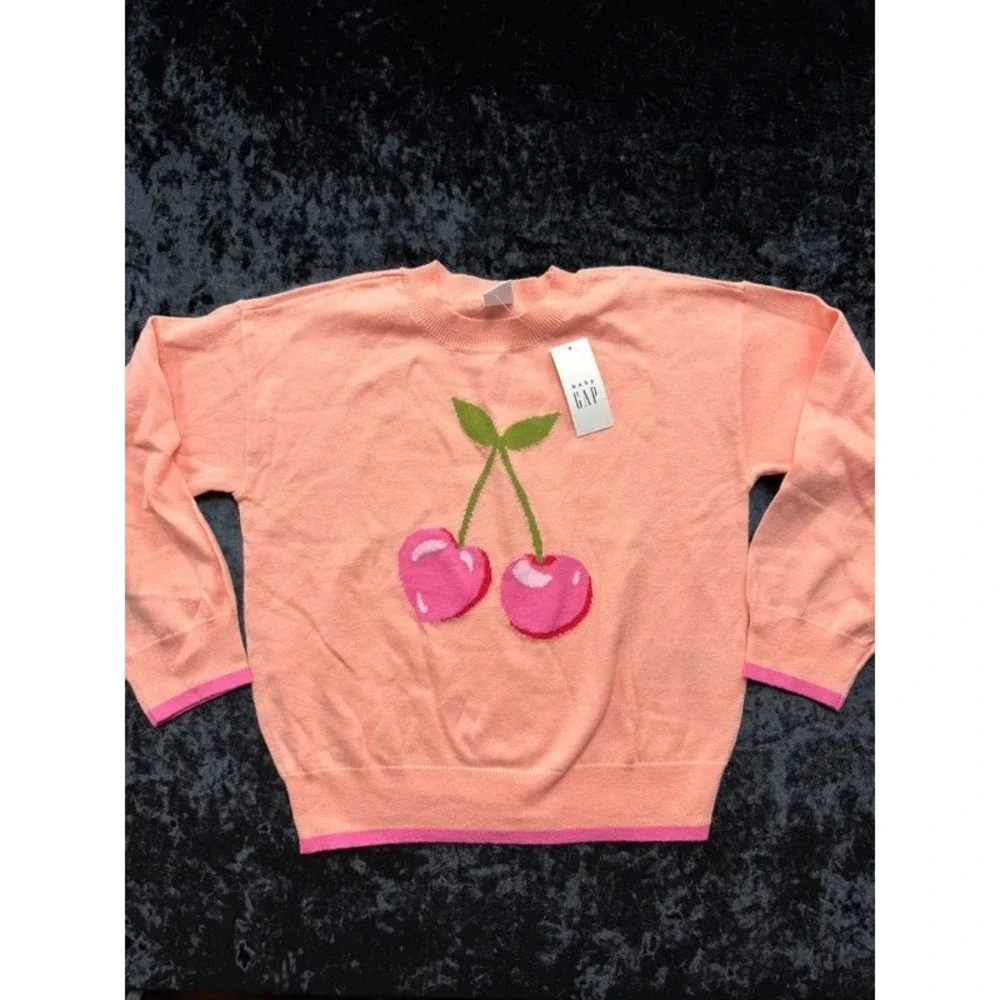 NWT babyGap Girls 5Y Coral Pink Cherry Intarsia Sweater 100% Cotton
